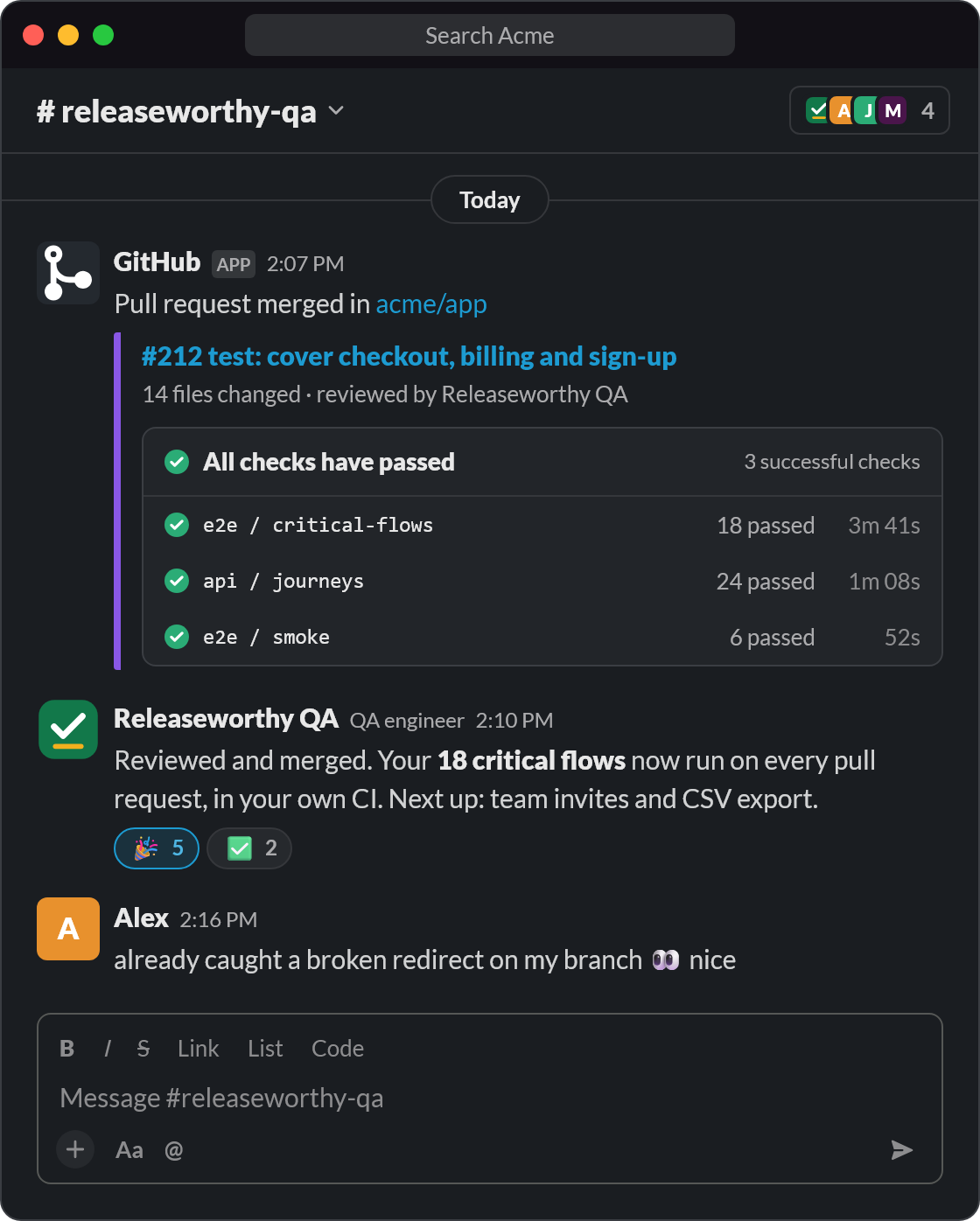 Illustration of Slack: the GitHub app reports pull request 212, tests for checkout, billing and sign-up, merged with all three checks passing: critical flows (18 tests), API journeys (24 tests) and smoke (6 tests). Releaseworthy QA adds that the 18 critical flows now run on every pull request, and a developer says the tests already caught a broken redirect on their branch.